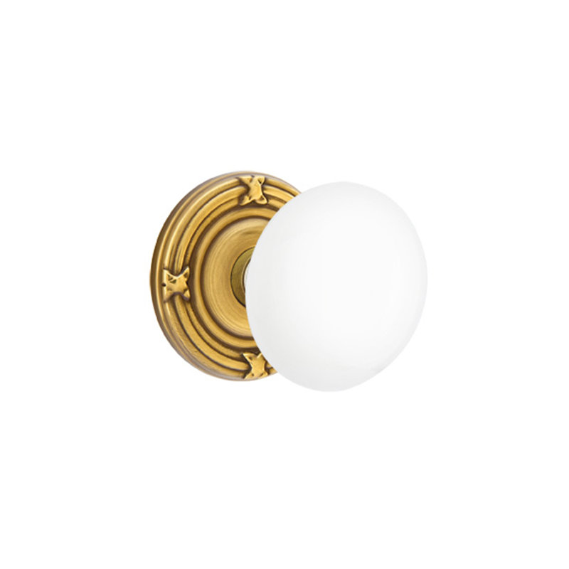 Passage Ice White Knob with Ribbon and Reed Rose, French Antique Brass
