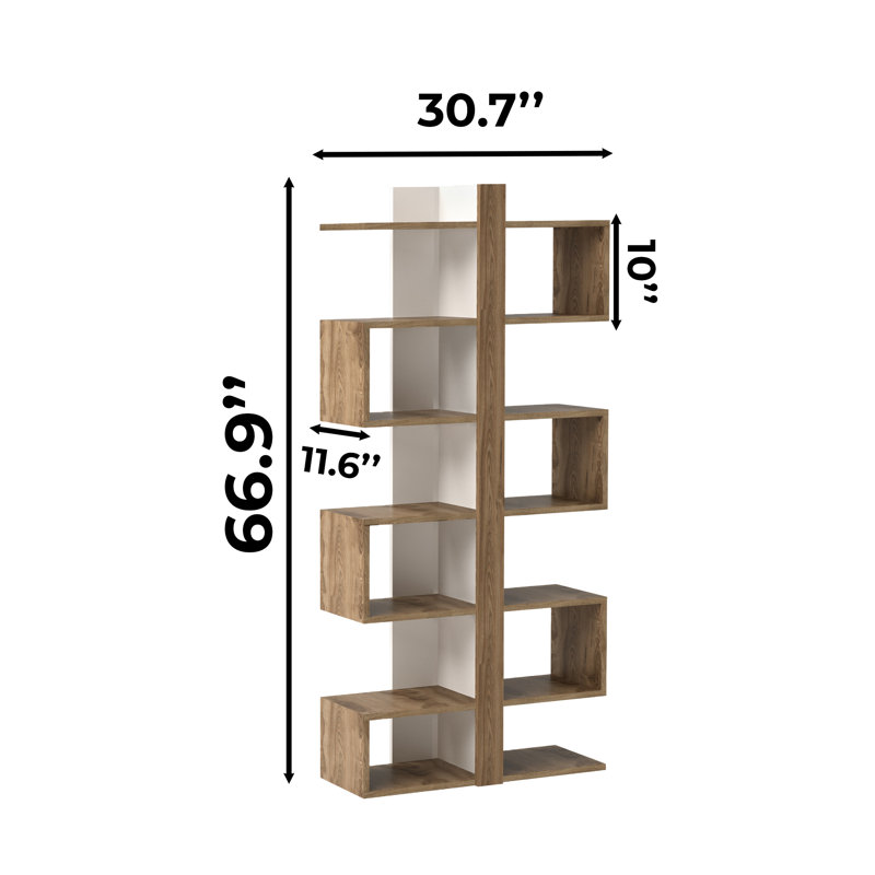 Bibliothèque moderne en chêne, panneau de particules enduit de mélamine à 100%, 30,7 x 67,0 x 11,6 pouces | 5 tablettes d'une hauteur de 10,0 pouces | Conception murale pour un rangement supplémentaire | Élégant et fonctionnel pour la maison ou le bureau