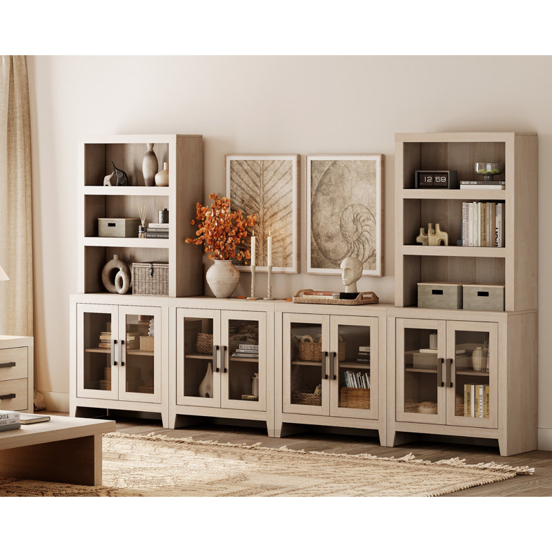 Farmhouse Entertainment Center With Bookshelves, 4-Piece Modular TV Stand With Storage Towers, Glass Doors, Open Shelves,  Media Console For Living Room, Home Theater, Beige