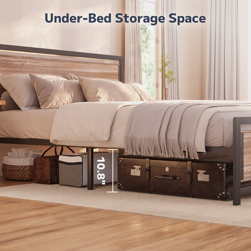 Metal Frame Platform Bed with Wood Headboard and Footboard, Gray