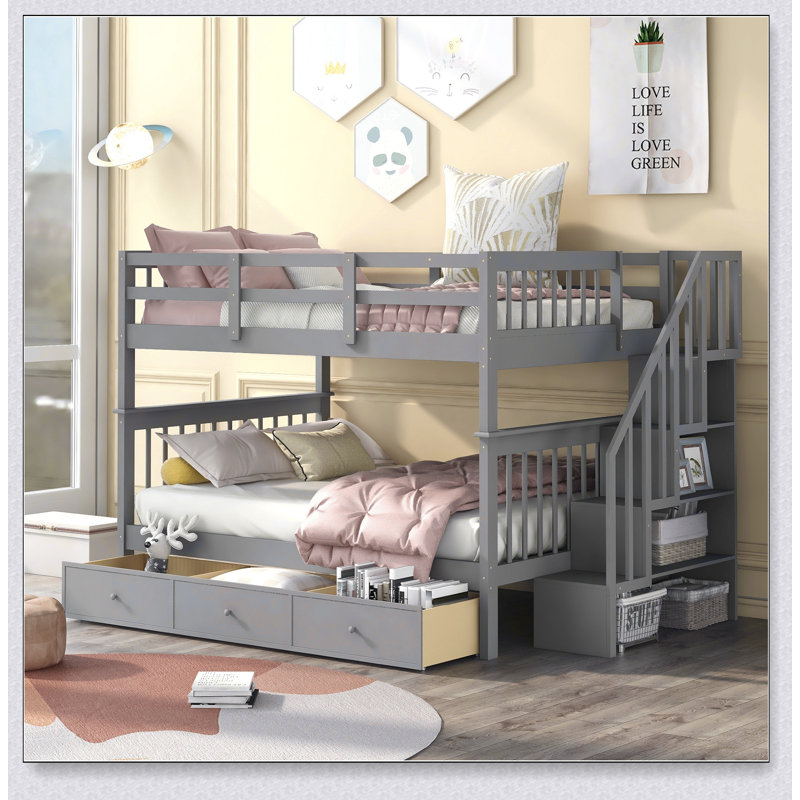 Stairway Full-Over-Full Bunk Bed With Drawer, Storage And Guard Rail For Bedroom, Gray
