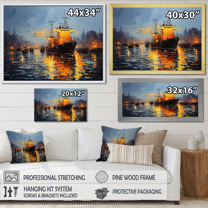 Port Harbor Symphony Pointillism, Encadrement doré, H 34 po x l 44 po x P 1,5 po