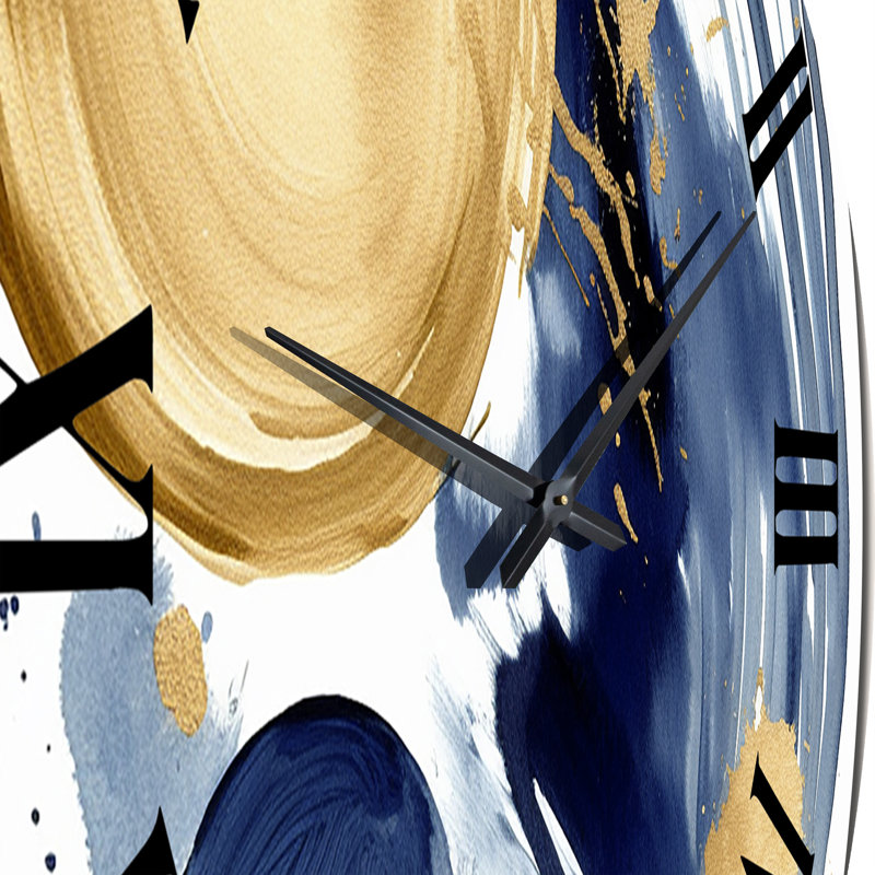 Horloge murale géométrique moderne à motif abstrait bleu foncé et doré II, Moyenne