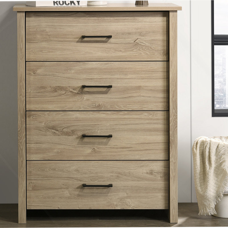 Commode 4 tiroirs avec poignées en métal, Chêne clair