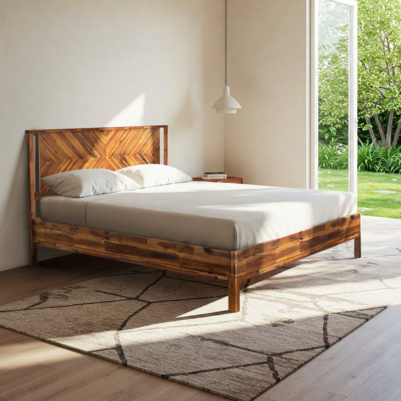 Vivian DELUXE Platform Bed Frame with Headboard – Acacia Wood, King, Rustic Chestnut