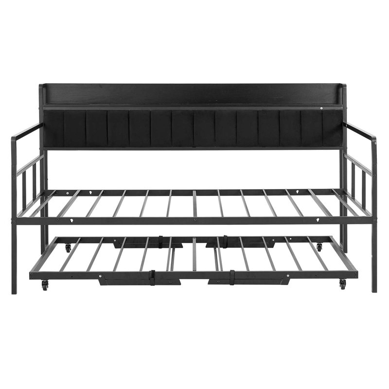 Twin Daybed with Pop-Up Trundle Bed Frame, Charging Station, LED Light, for Living Room, Bedroom, or Guest Room, Durable Sofa Day Bed with Storage Headboard, 4 Casters, Adjustable Height, Black
