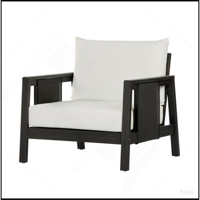 Fauteuil club d'extérieur, structure en bois d'acacia avec accents textilène noir, coussins blancs hydrofuges pour patio / cour arrière / terrasse