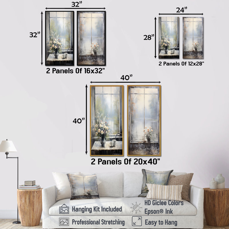 «Gray Misty River Window View I», ensemble de 2 impressions sur toile, H 32 po x l 33 po, Encadrement brun