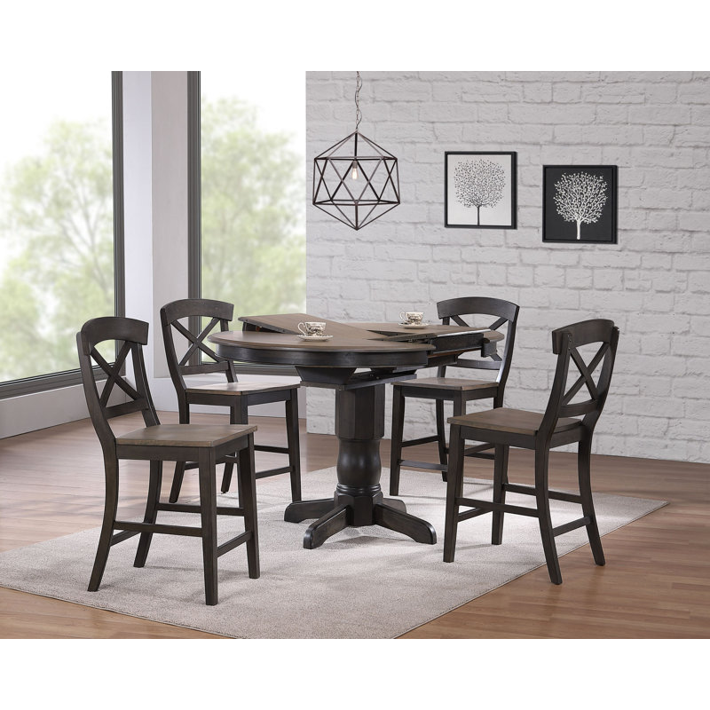 Clarey 5 - Piece Round Counter Height Butterfly Leaf Solid Wood Dining Set With 18" Butterfly Leaf, Gray, Black
