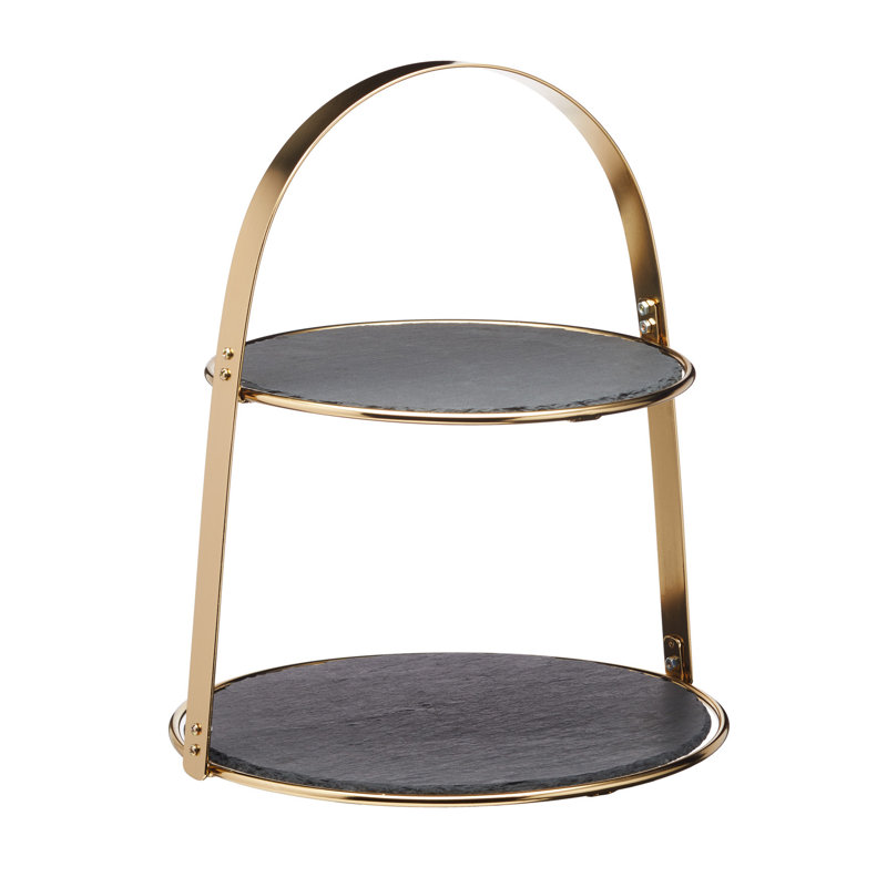 Artesá 2-Tier Brass Cake Stand with Round Slate Serving Platters