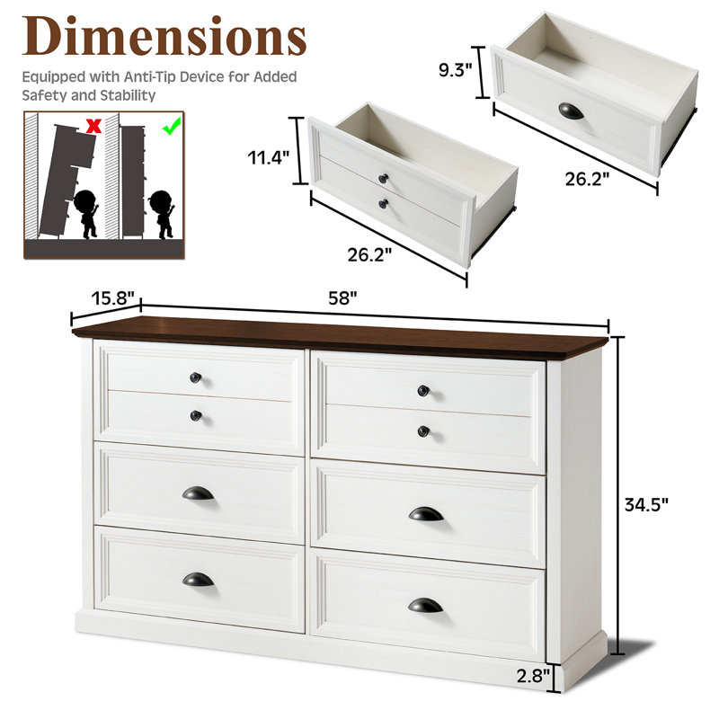  Commode 6 tiroirs Dorthia Farmhouse, blanc, Blanc