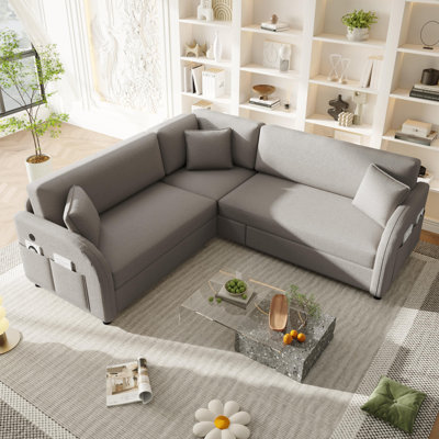 4-Person Oversized Convertible Queen Sleeper, Reversible Modular Sectional , Teddy Fabric, With Storage Pockets & USB Charging