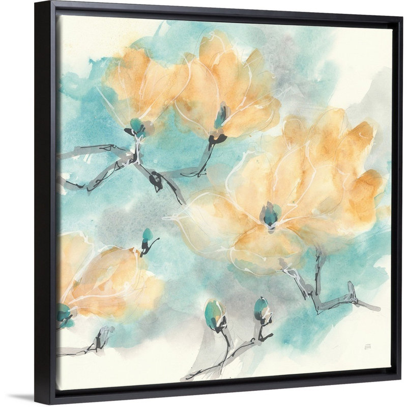 Teal Buds I - reproduction d'art, Cadre flottant noir, H 22 po x l 22 po x P 1,75 po