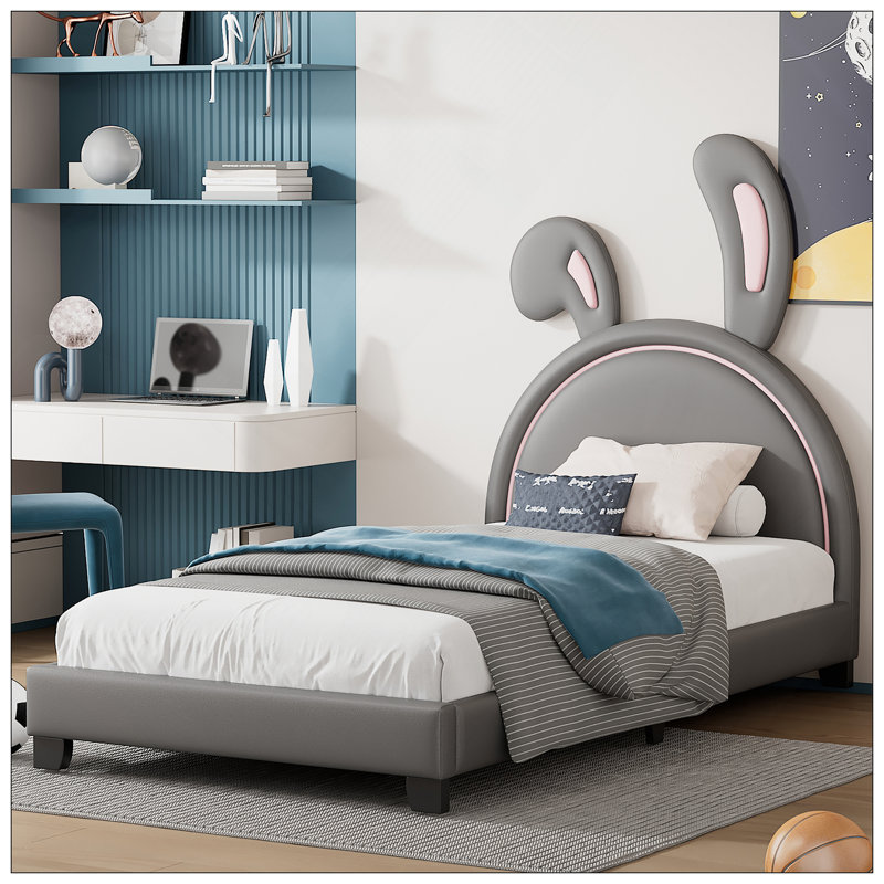 Lit plateforme tapissier en similicuir avec ornement en lapin, gris, Lit simple