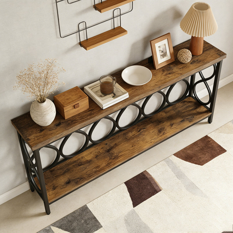Wood Sofa Table, Rustic Console Table Entryway Table with 6 Storage Cubes, 31.5" H x 62.99" W x 11.81" D