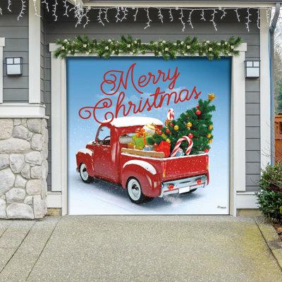 Vintage Red Truck and Tree 7' x 8' Christmas Single Garage Door Banner - Outdoor Holiday Decorations