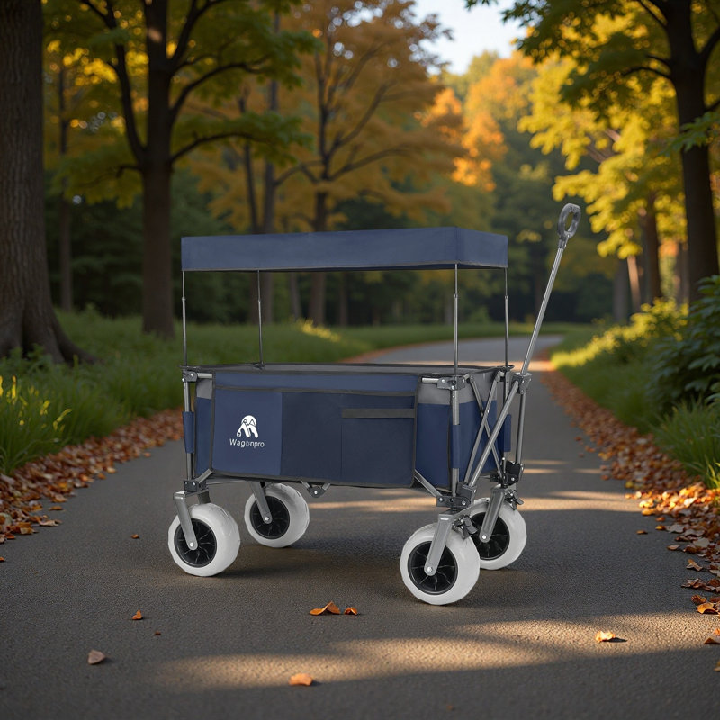 Chariot de chariot pliant multifonctionnel avec poignée flexible et auvent, chariot utilitaire robuste avec pneus de plage de 9 po x 4 po pour le camping et la plage, le transport, l'épicerie, les sports, 480LBS / 120L