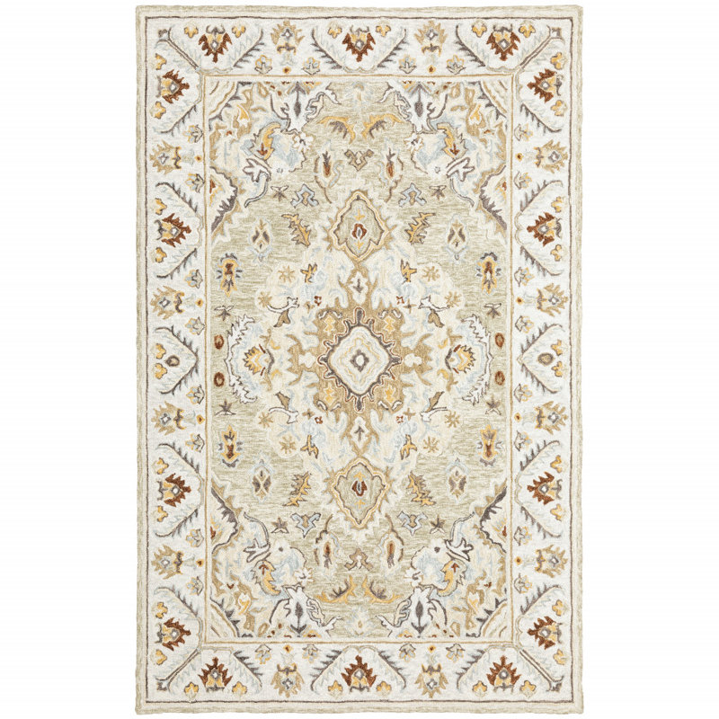 Tapis ivoire / doré / bleu en laine crocheté à la main Eitelfritz, Rectangle de 5 pi x 8 pi