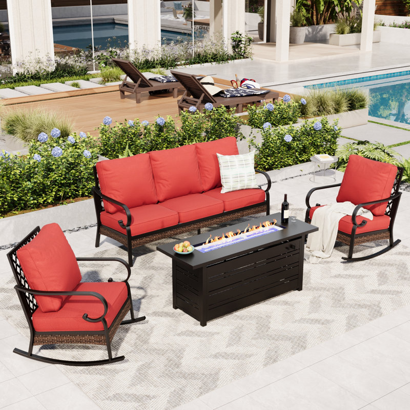 5-Person Sofa Seating Group With Rocking Lounge Chairs & Fire Pit Table, Black/Red/Black