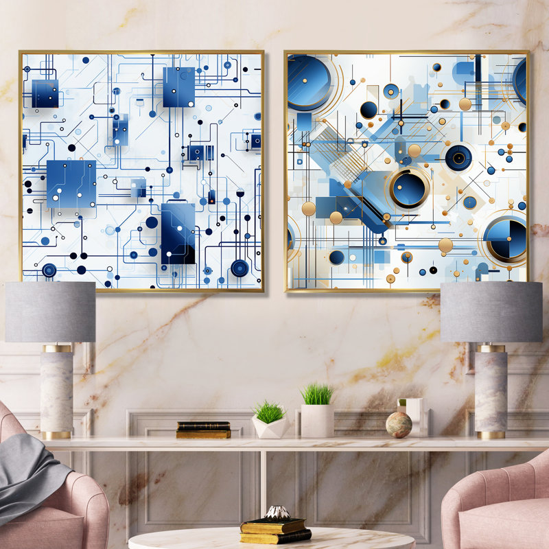 Daanya - Ensemble de 2 impressions sur toile à formes abstraites, Encadrement doré, H 36 po x l 73 po x P 1,5 po