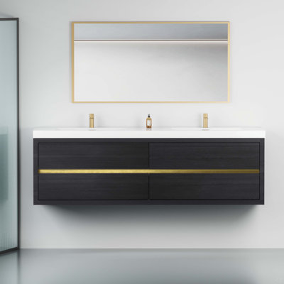Meuble-lavabo flottant 72 po avec lavabo, armoire de rangement murale avec deux lavabos en quartz noir et quatre tiroirs à fermeture en douceur, ciment EDI-Series entièrement assemblé