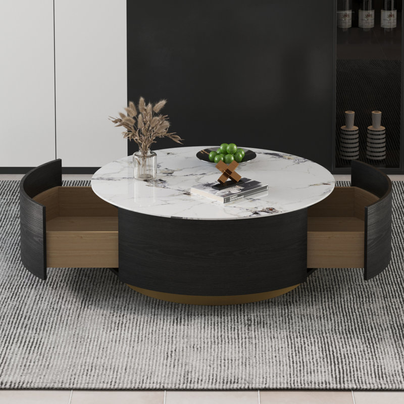 Jahnea Round Coffee Table with Storage, 2 Drawers, Black, Dali White