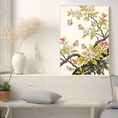 Art mural sur toile, "White Butterflies" sur des branches d'agrumes et des feuilles vertes