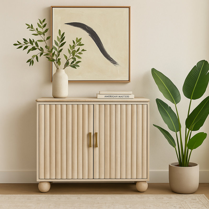 Armoire décorative décorative en bois avec dessus en travertin et portes cannelées - Petite armoire de rangement moderne pour espaces d'entrée étroits - 33 po, blanc