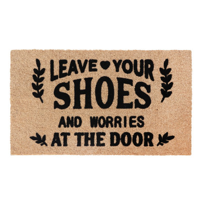 Natural Coir Flocked “Leave Your Shoes Black” Door Mat, Heavy-Duty Non-Slip PVC Backing, Low-Profile Outdoor Doormat