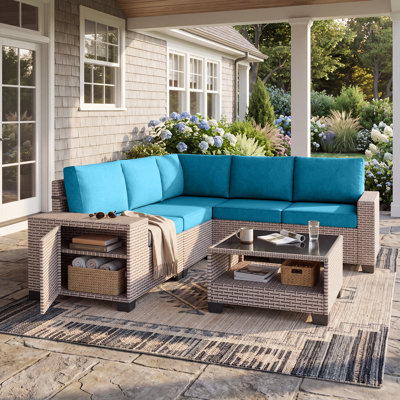  Outdoor Conversation Sets with Storage, 6-Piece Wicker Patio Furniture Sets, 5 Person Modular Seating Group with Cushions, Outdoor & Patio Furniture, Cyan