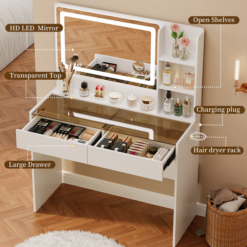 Makeup Vanity with 3-Color Adjustable LED Lighted Mirror & RGB Lighting, Modern Small-Space Vanity Desk with Charging Station, Tempered Glass Top & 2 Drawers