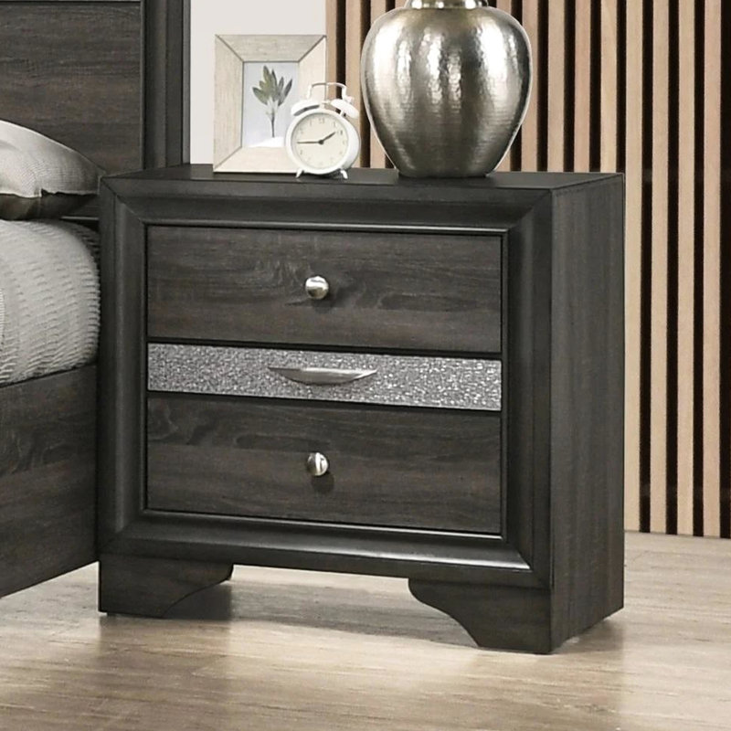 Table de chevet 3 tiroirs en bois gris avec poignées en nickel - Boîte de rangement dissimulée pour chambre à coucher