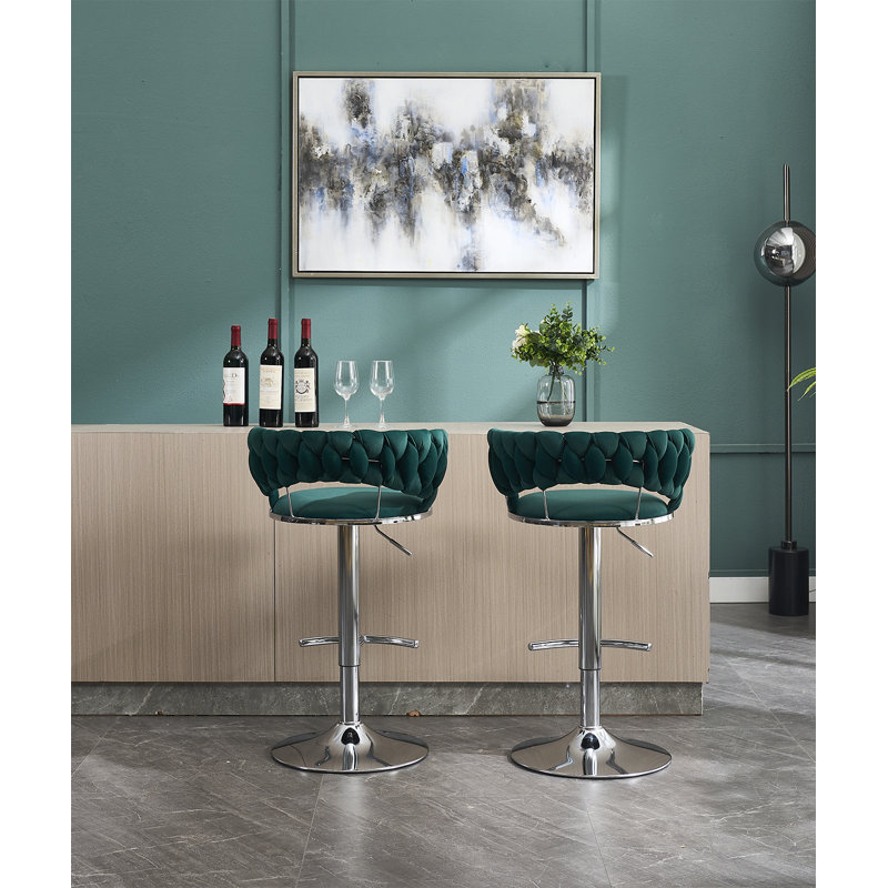 Ensemble de 2 tabourets de bar en velours, pivotants, réglables en hauteur, avec repose-pieds chromé, vert | Idée de cadeau