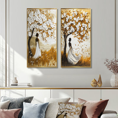 «Woman Silhouette Basswood I - Tree Cherry Blossom», ensemble de 2 pièces d'art mural