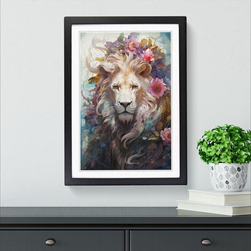 Lion Rococo - Single Picture Frame Print on Wood, 46cm H x 34cm W x 2cm D, Black Framed