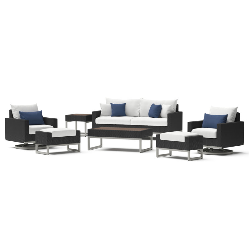 Milo Motion 7 Piece Rattan Sunbrella Sofa Set with Cushions, Brown, Canvas Heather Beige Sunbrella® Canvas