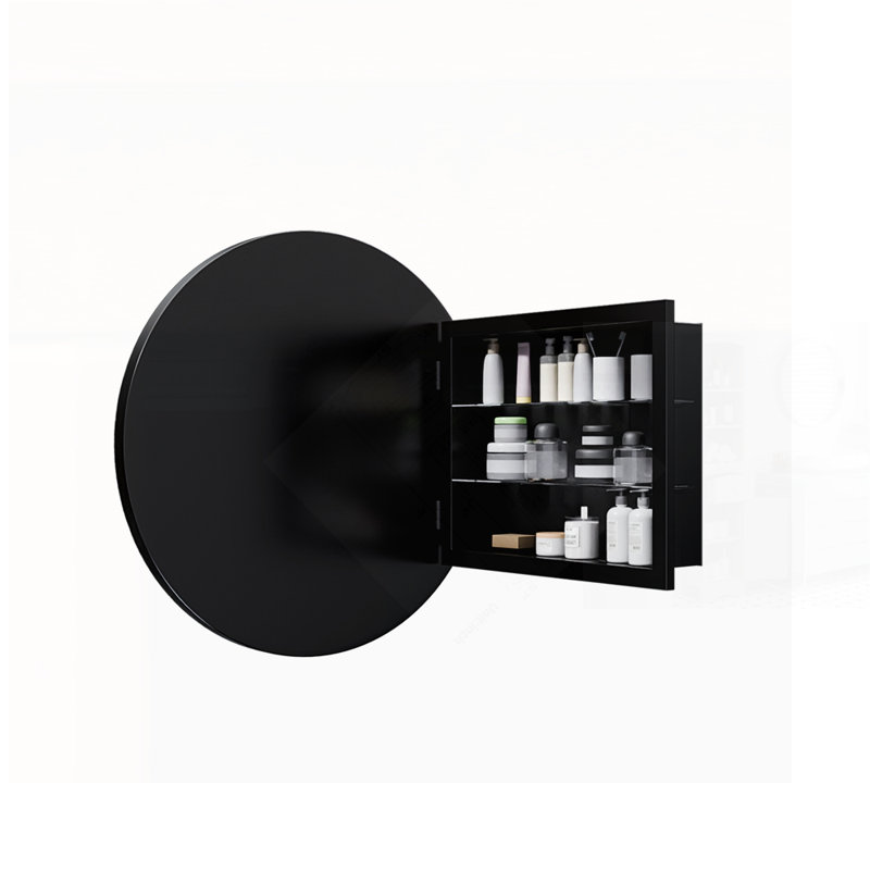 Armoire à pharmacie ronde à surface en métal avec miroir et tablettes réglables, idéale pour les salles de bain modernes et un rangement efficace.