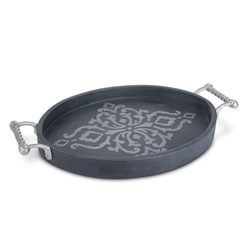 Gray-washed metal-inlay oval tray with handles