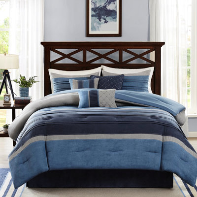 Navy King 7 Piece Microsuede Comforter With Filling Size 2 Shams And Bed Skirt