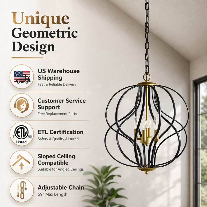 Avers 17.3" W 4-Light Wrought Iron Geometric Chandelier, Gold/Black