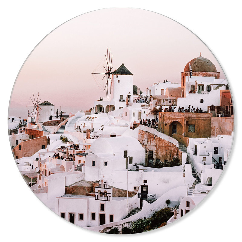 Santorini Sunrise Architecture Round Acrylic Art by Oliver Gal, 12" H x 12" W