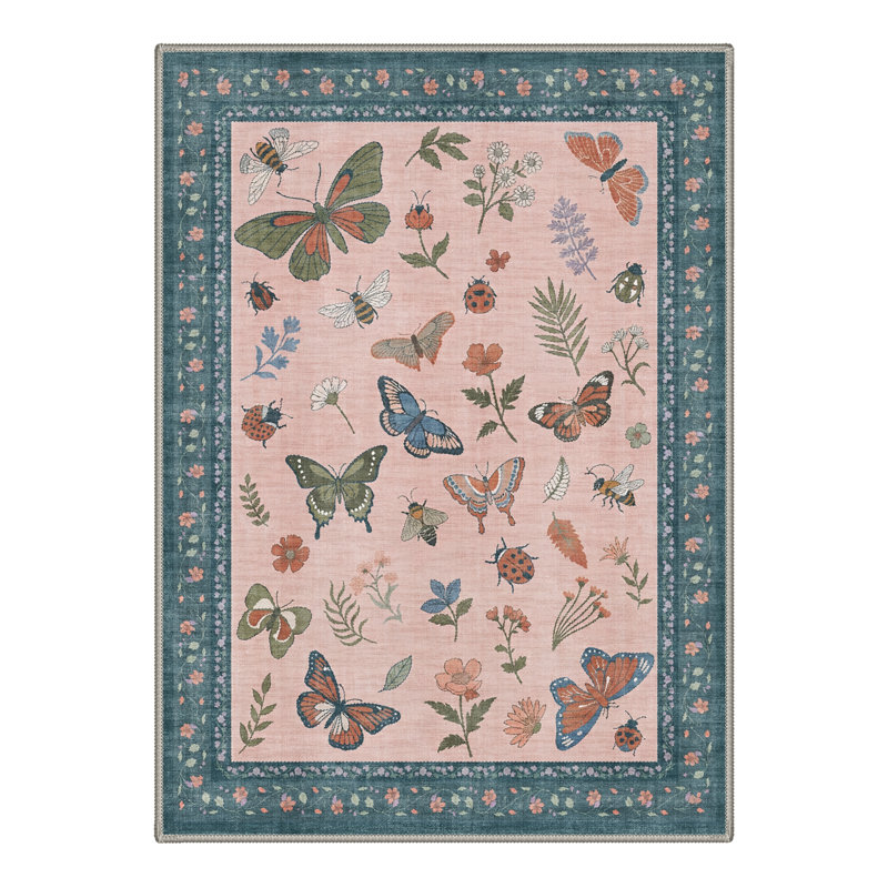 Vintage Machine Washable Pink / Blue Indoor Area Rug with Non-Slip Backing, Rectangle 9' x 12'
