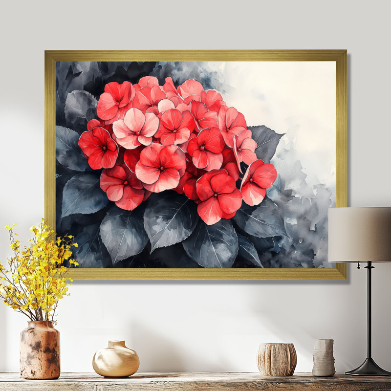 Monochromes hydrangées avec accent rouge audacieux II - hydrangées, art mural sur toile, 12" H x 20 W, Gold