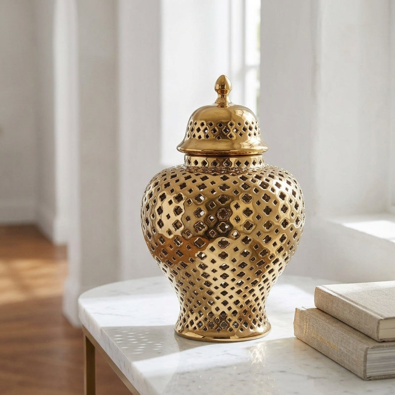 Duggans Handmade Ceramic Ginger Jar with Removable Lid, 14.5" H x 9.5" W x 9.5" D