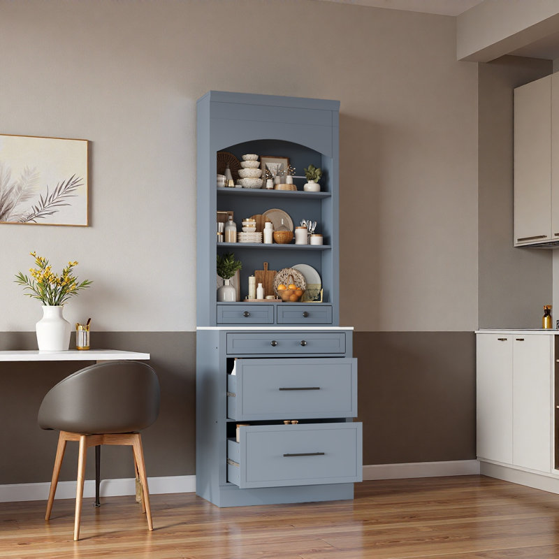 Garde-manger de hauteur moderne de 83,7 pouces, grande huche de cuisine autoportante avec plateau en faux marbre, armoire de présentation avec 5 tiroirs de rangement et tablette réglable