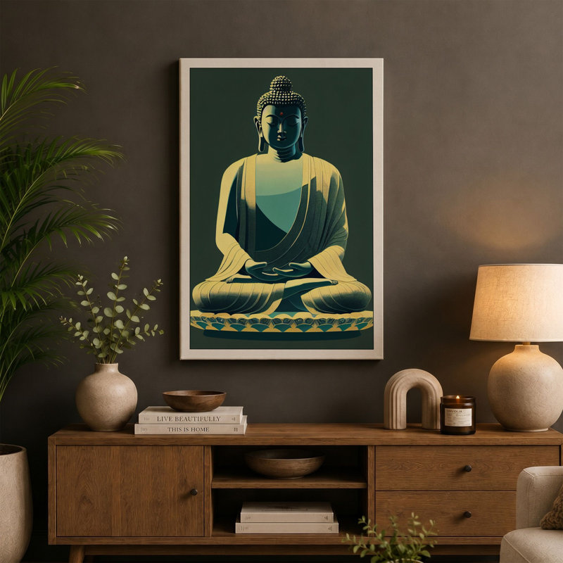 Golden Buddha in Meditation Japandi 1 Piece Wrapped Canvas Wall Art, 24x16 - 61.0 x 40.6 cm, Black Border