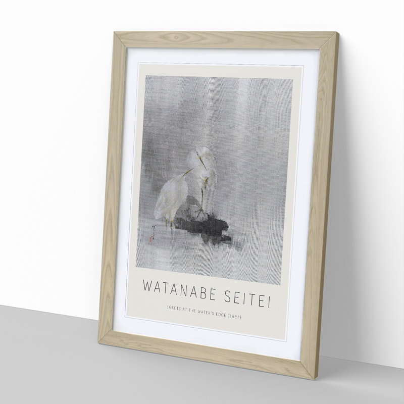 Egrets At The Waters Edge by Watanabe Seitei - Single Picture Frame Print, 36cm H x 27cm W x 2cm D, Oak Framed