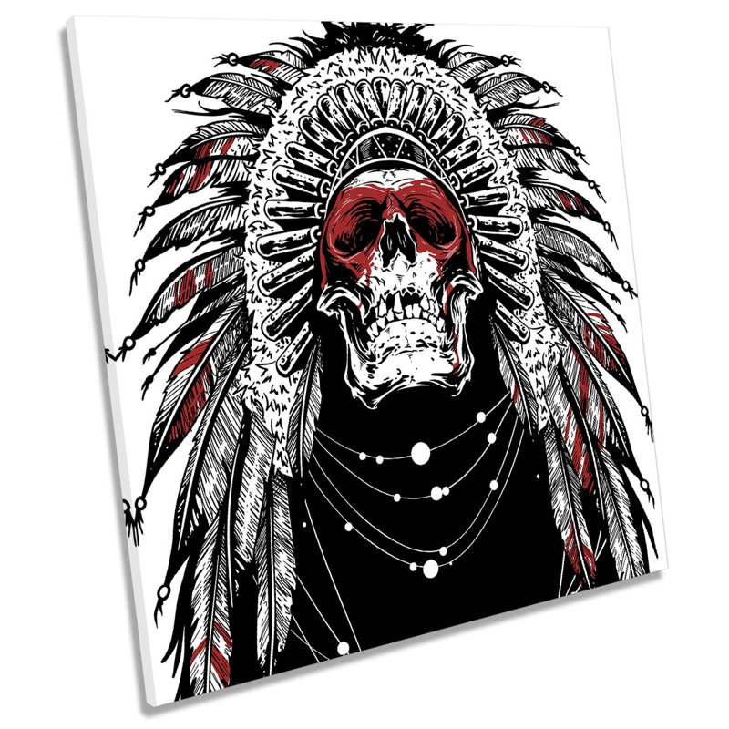 Skull Head Dress Native Feathers - Wrapped Canvas Print, 76.2cm H x 76.2cm W x 4cm D