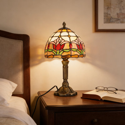 Lampe de table style Tiffany, lampe en verre coloré tulipe rose, petite lampe antique de 8 pouces, ampoule incluse