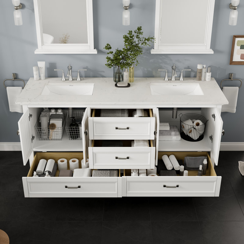 Ensemble de meuble-lavabo double 84 po Didomenico, Blanc, Quartz - blanc de Carrare